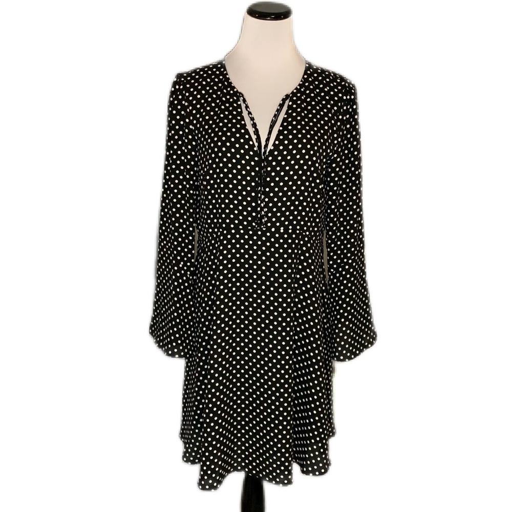 Sam Edelman SZ 12 Black/White Polka Dot Fit & Flare Long Bell Sleeve Dress NWT